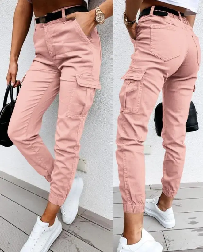 Women's Fashion Trousers 2024 Spring/Summer Latest Casual Chic Solid Pocket Design High Waist Skinny Daily Versatile Cargo Pants