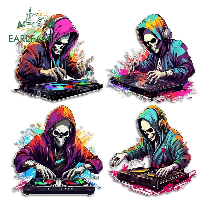 

EARLFAMILY 13cm for skeleton DJ Music Car Sticker Waterproof Sunscreen Decals Cartoon Graphics Scratch-Proof Bumper Decor