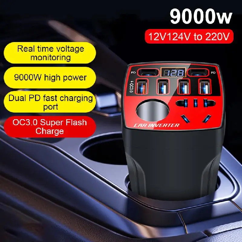 

Car Power Inverter DC12V/24V To AC220V Auto Power Converter 9000W with 4 USB 2 PD Ports Socket Digital Display Car Power Adapter