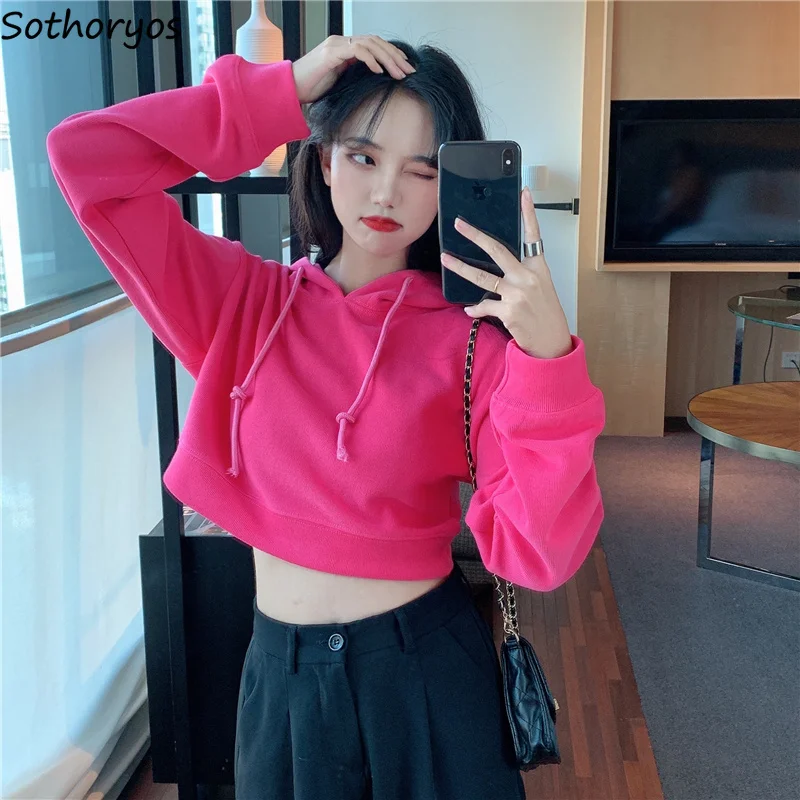 

Cropped Hoodies Women Candy Color Fashion High Street Teenager Popular Spring Tops Korean Style Ulzzang Chic Hooded Sweatshirts