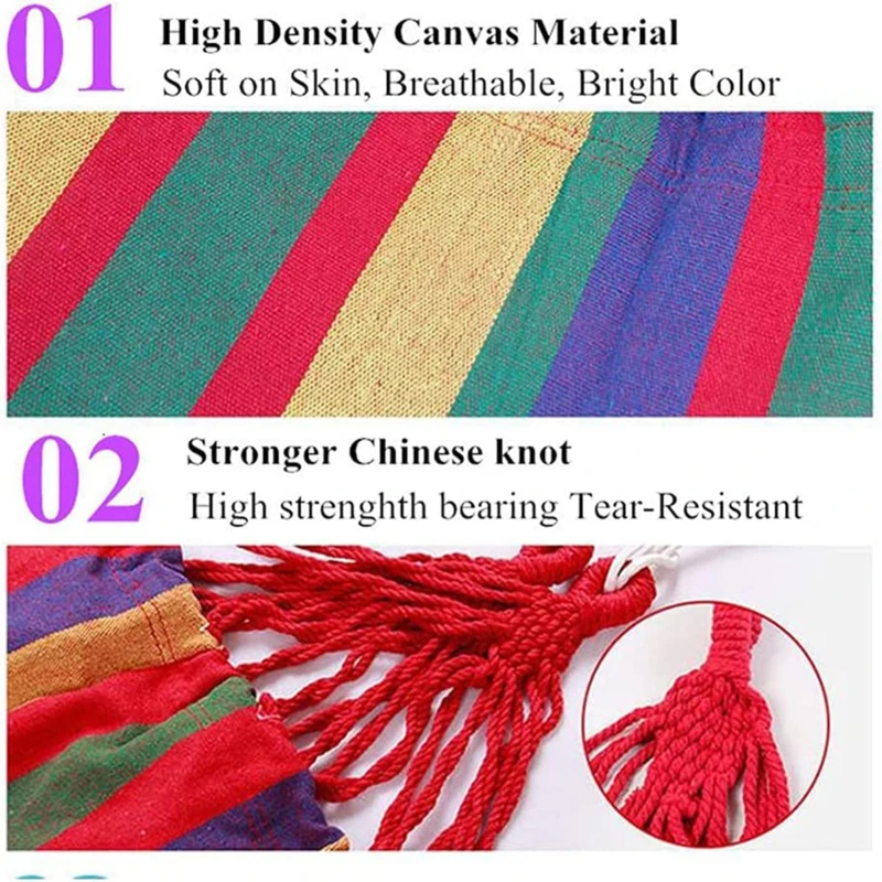 1-2 Person Cotton Rainbow Hanging Bed Capacity Stripe Hammock Swing Portable 260*80cm for Outdoor Indoor with Carry Bag