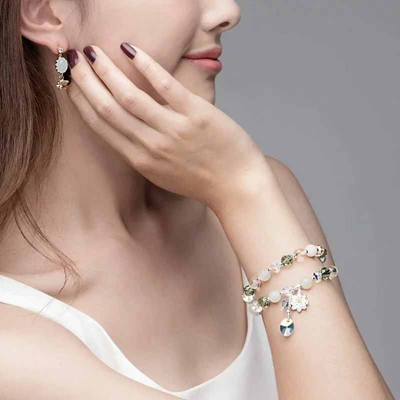 Double Circle Crystal Green High-end Bracelets New Chinese Beaded Hand String Women's Fresh Mori Style Accessories for Summer