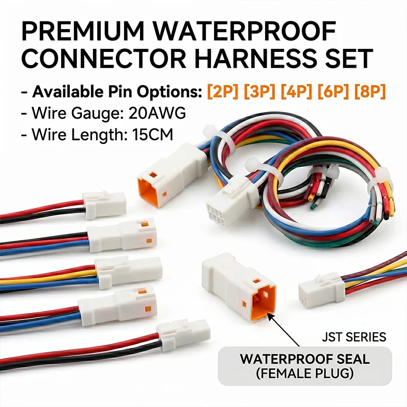

JST Connector Cable Assembly 20AWG 15CM Waterproof Wire Harness Male Female Plug 2P 3P 4P 6P 8P Pin Quick Connect Auto Parts