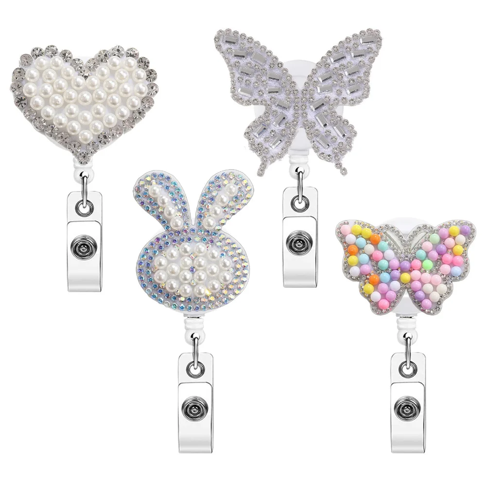 Pearl Rhinestone Butterfly Love Badge Holder Cartoon Easy-Pull Button Badge Clip Office Retractable Telescopic ID Clip