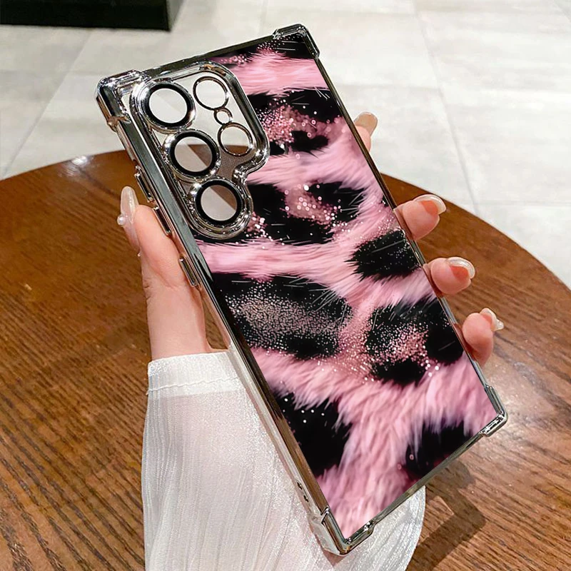 Pink Leopard Print Transparent Phone Case For Samsung A55 A36 A54 A34 Cases S25 S24 FE S23 S22 S21 Ultra A35 A53 A32 A52 Cover