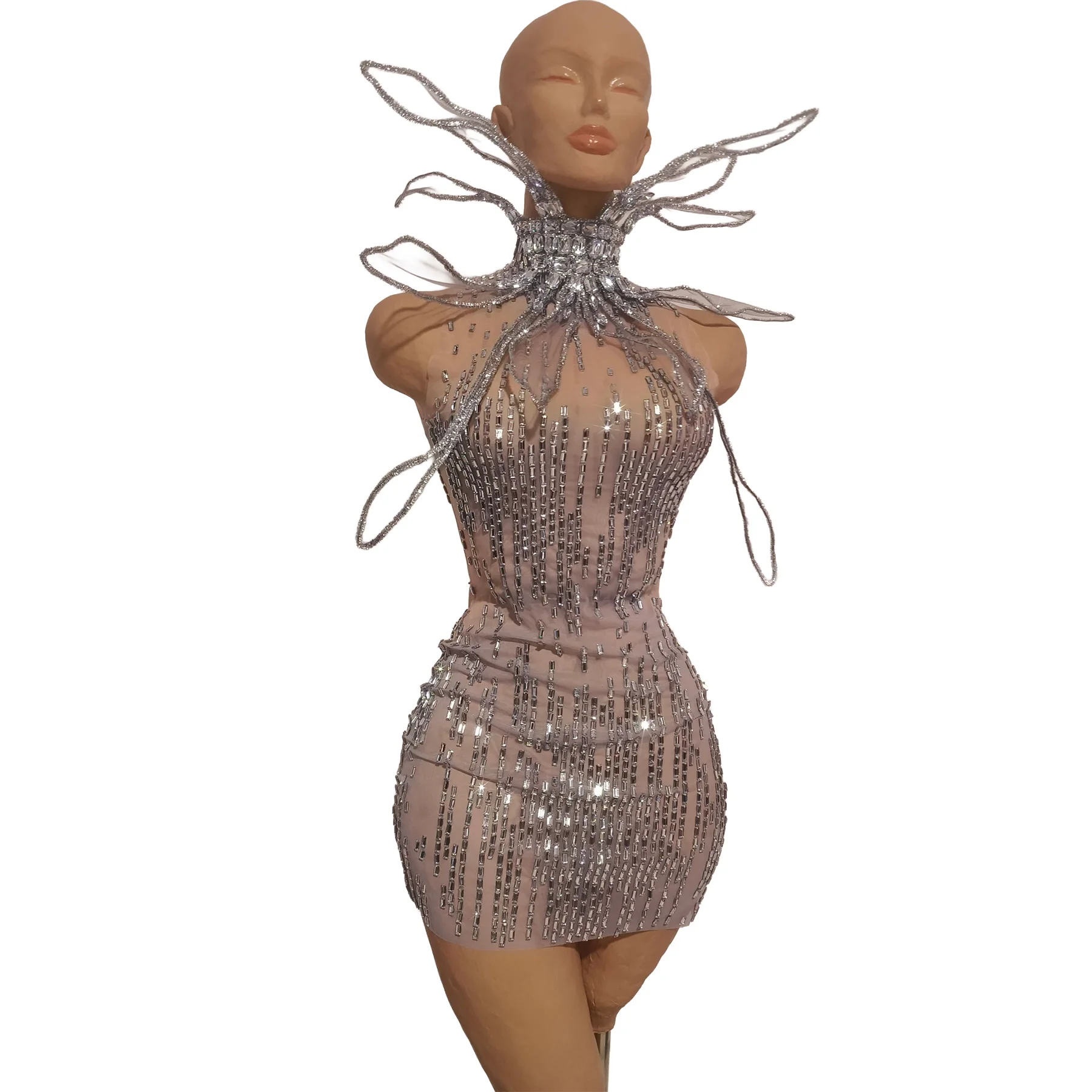 

Mengya Nude Mesh Base Silver Linear Rhinestone Bodycon Dress with Spiky Statement Neckpiece for Evening Parties and Cabaret Even