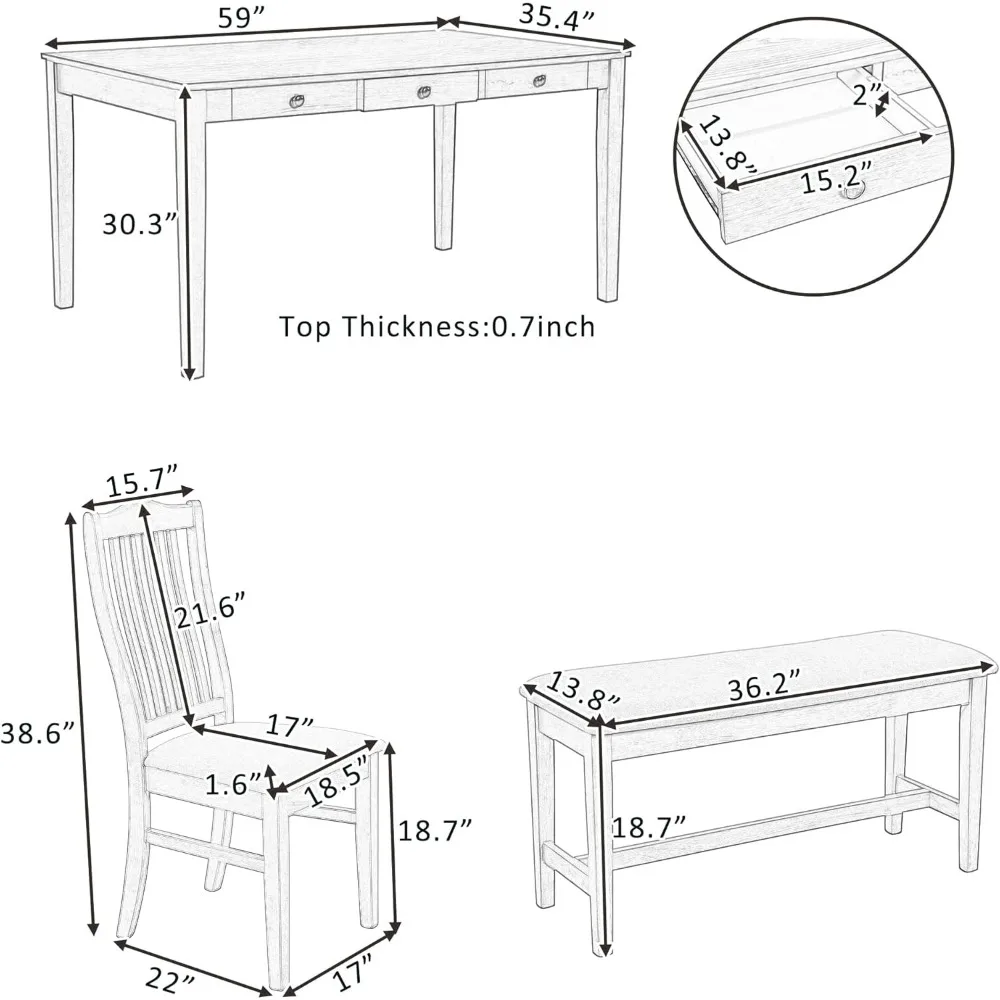 6-Piece  Dining Table Set with Drawer, 4 Upholstered Chairs and Bench, Easy Assembly and Maintenance, Dining Room Sets