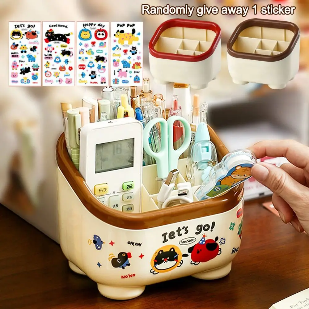 Cute Multi Grid Penholder Cartoon Pattern with Stickers Stationery Box Large Capacity Table Storage Box