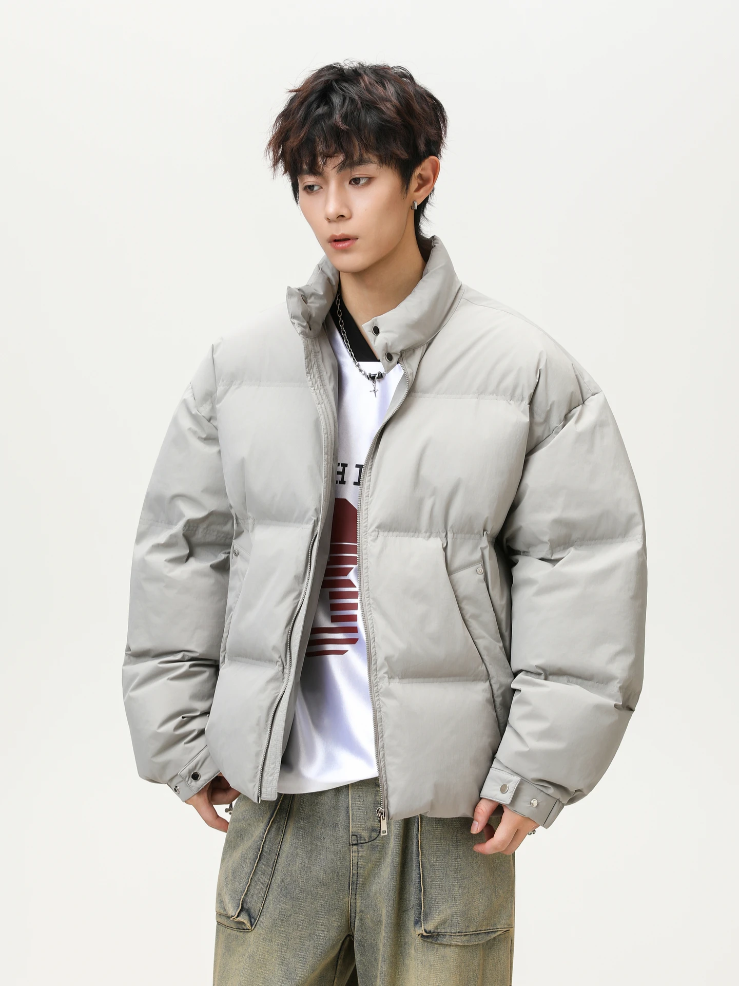 

Thiened Bread Sle Jaet Stand Collar Men's Cotton Coat Warm Versatile Couple's Outerwear Casual Loose Fit Long Sve