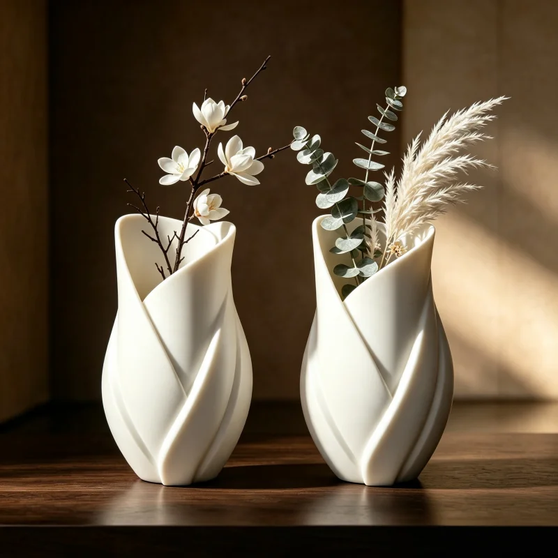 2-Piece Set of Creative Decorative Flower Vases with Gift Box, 3D Printed Petal Sculptures, White Floral Vessels with a Ceramic-Like Texture, Waterproof and Shatterproof, Durable and Sturdy, Suitable for Various Fresh Flowers, Dried Flowers, and Artificial Flowers, Compatible with Nordic Retro Light Luxury Home Decor Styles, Suitable for Housewarming, Weddings, Birthdays, Mother's Day, Christmas, and Various Occasions, Bridal Gift Sets, New Home Souvenirs, Exquisite Gifts for Women, Home Decor Items That Create a Good Atmosphere