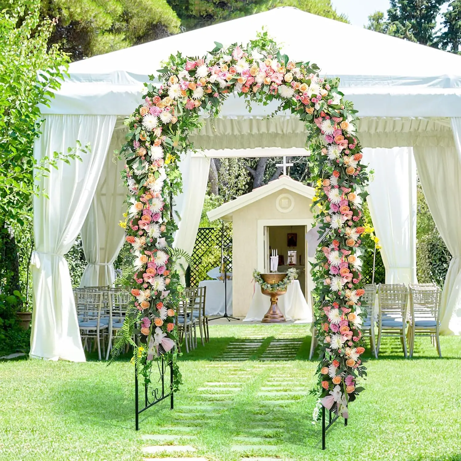 7.2 Ft Wide Metal Garden Arch Arbor Trellis for Climbing Plants, Vines and Roses, Outdoor Pergola Archway with Stakes, Lawn Wedding Garden Arbor