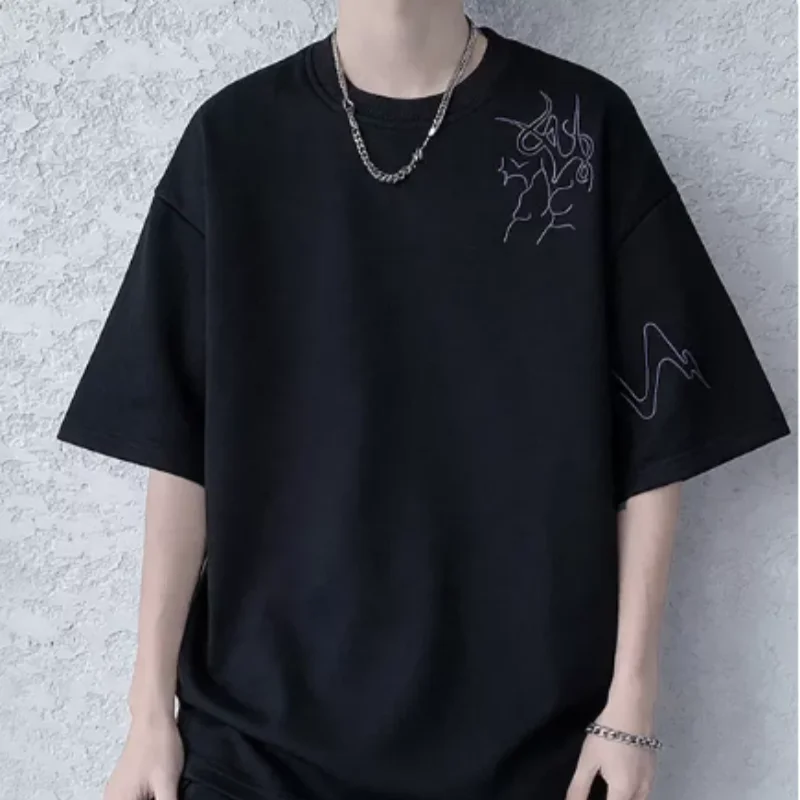 Cleanfit personalized textured embroidery t-shirt for men - summer American streetwear round-neck top with full-length sleeves o