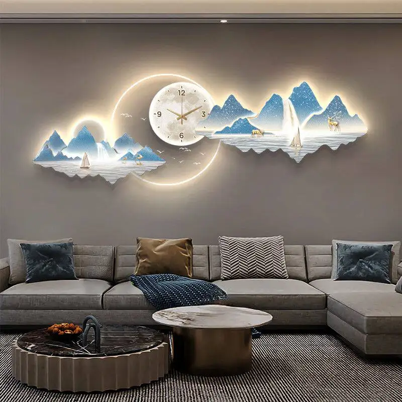 Living room decoration painting, Chinese landscape painting, sofa background wall with clock, mural, light painting