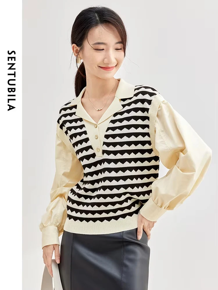 SENTUBILA 2 In 1 Shirt Women 2024 Spring Patchwork Knitted Long Sleeve Blouse Female Fashion Lady Fake Two Pieces Tops W33C52236