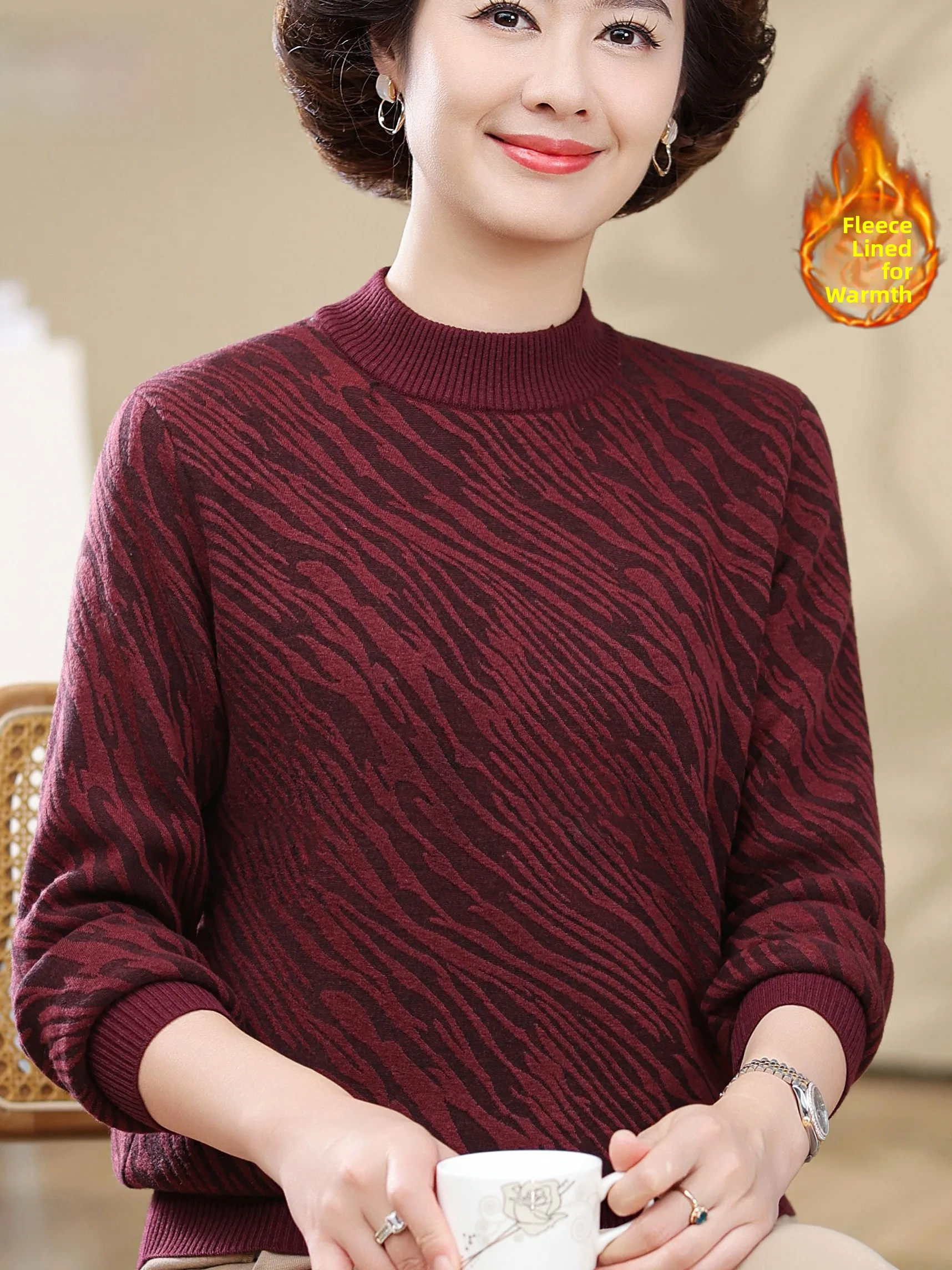 

Теплый вязаный свитер Thiened Fce с высоким воротником, полосатый топ для женщин среднего возраста и ly, осенне-зимняя одежда для мам