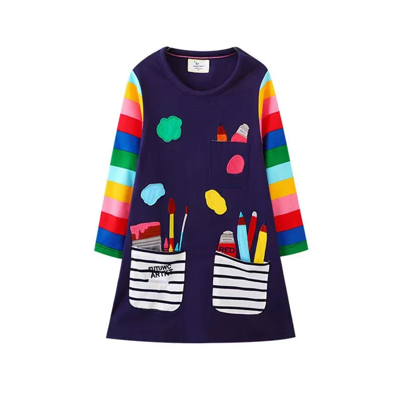 

Girls Dress 2-8T Hot Selling Children's School Dresses With Pockets Pen Embroidery Long Sleeve Autumn Kids Preppy Style Dress