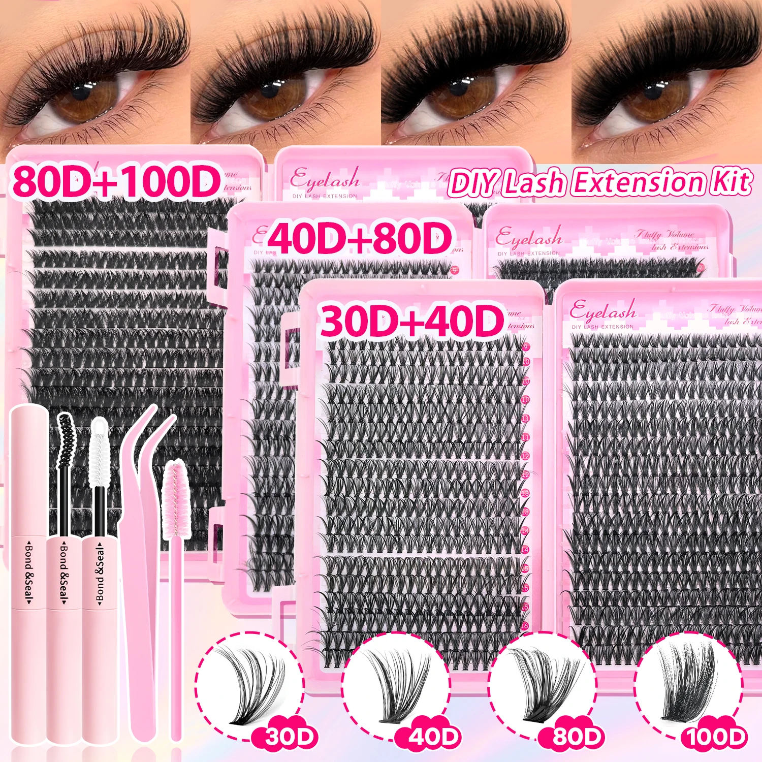 Kit de pestañas 720 Cluster 30-100D: 3 tamaños, longitudes mixtas y combinadas para un volumen personalizado! Glam esponjoso y construible
