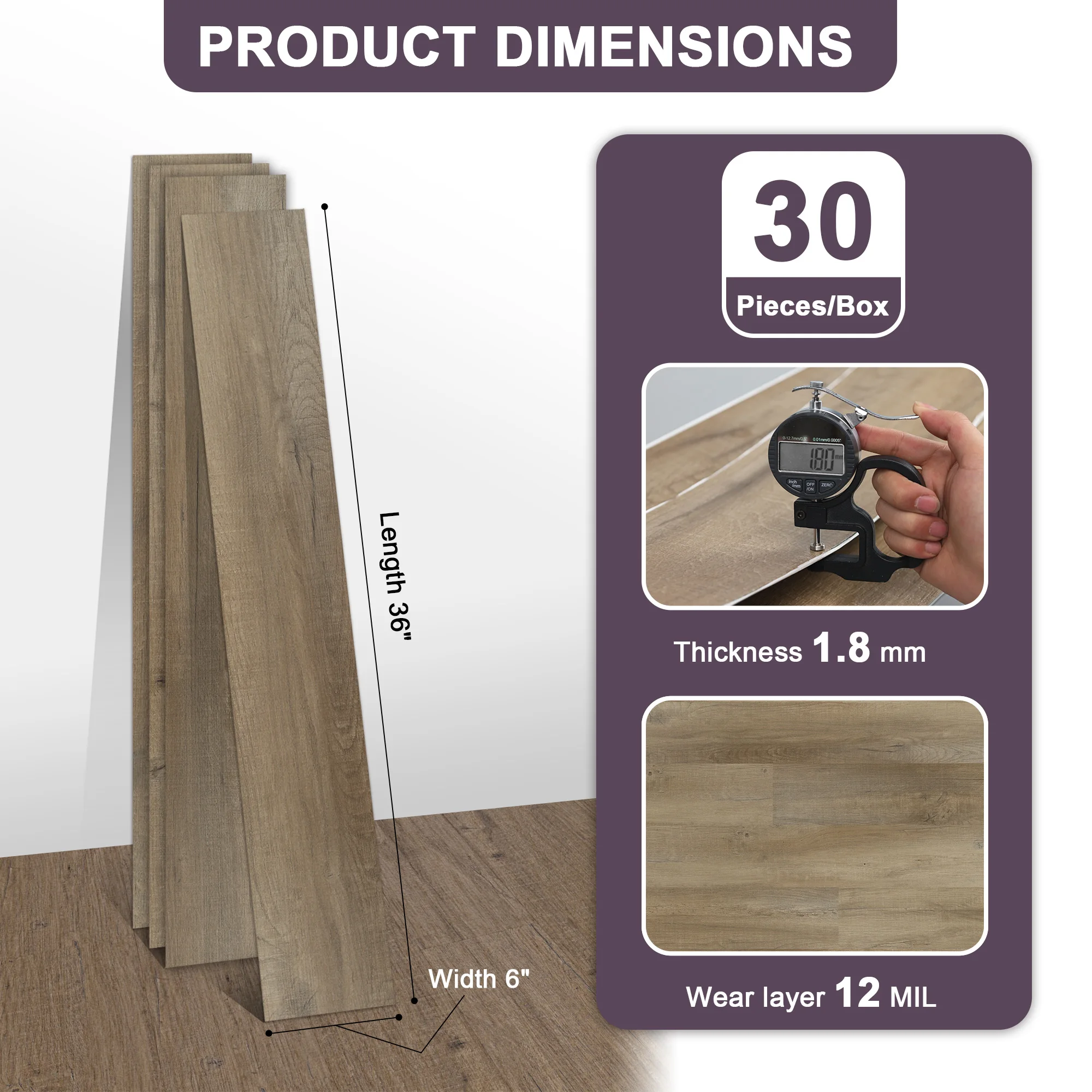 30개 12MIL x 6인치 x 36인치 접착식 바닥 타일, 방수 및 청소가 용이함(45제곱미터) 미국의 경우 ft./box)