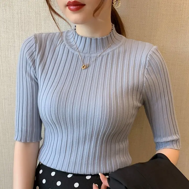 Summer Pullover Knitted Tops Half Sleeve Knitted Sweater Korean T-Shirt Women 2023 Autumn Basic Solid Casual Base Female 13466