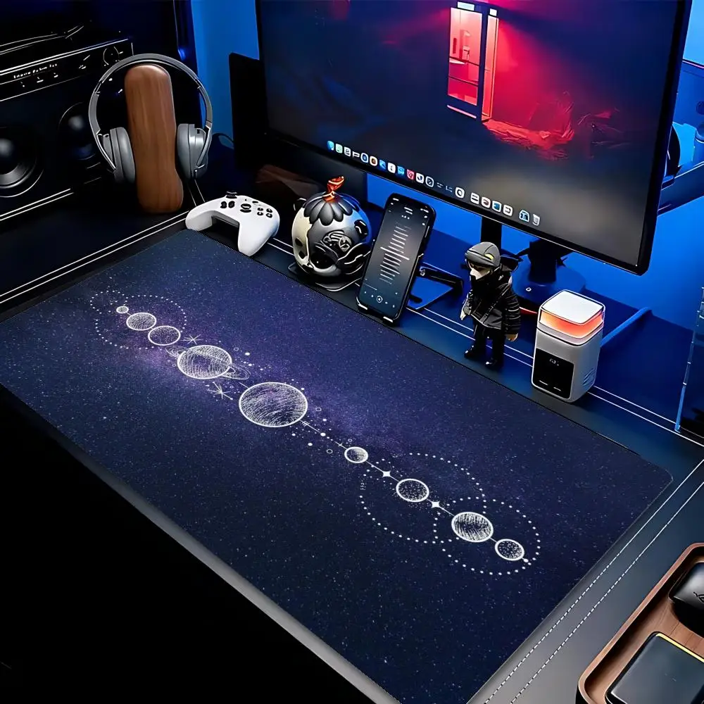 Extended XXL Desk Pad Dark Night Sky Galaxy Planet Line Drawing Mystic Astrological Star Moon Gaming Pad Non Slip Rubber Base