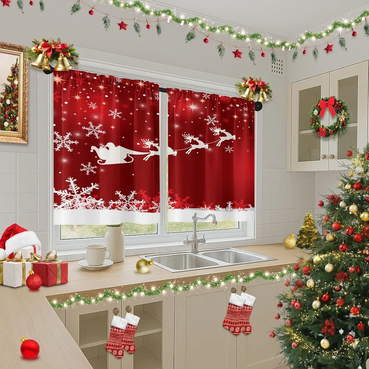 Christmas Kitchen Curtains Red Window Short Tier Curtains Over Sink Set of 2, Santa Claus Reindeer Snowflakes Kitchen Decor
