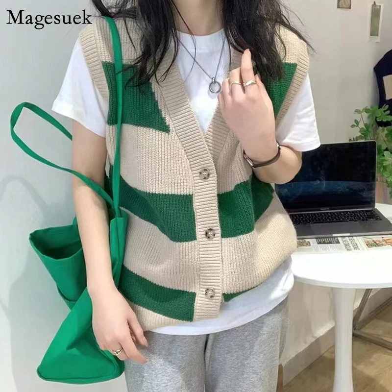 

Single-breasted Striped Knitted Cardigan Vests 2022 Autumn Fashion Women's Sweater Vest Loose Y2K Vintage Women Cardigans 23003