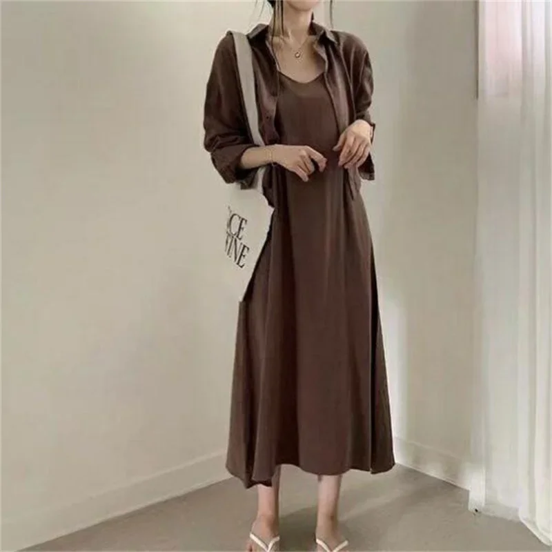 Korean Chic Summer Dress Sets Women Loose Long Sleeve Shirts+Sleeveless Strap Long Dress Two-piece Set New in Matching Sets