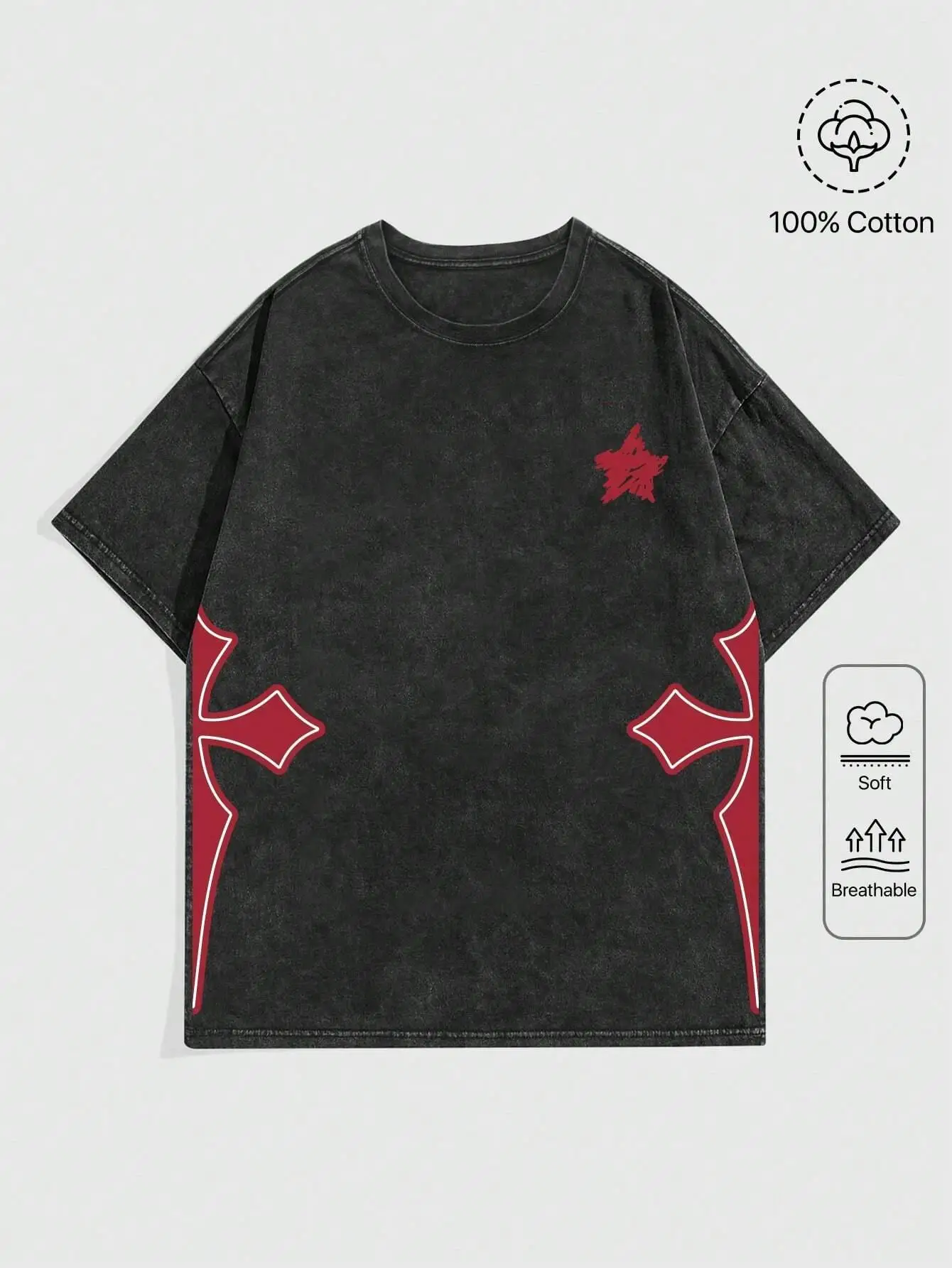 

Women Casual Cotton Washed T-Shirt Star & Crosses Printing Tees Tops Fashion O-neck Tee Short Oversize Street Female Clothing
