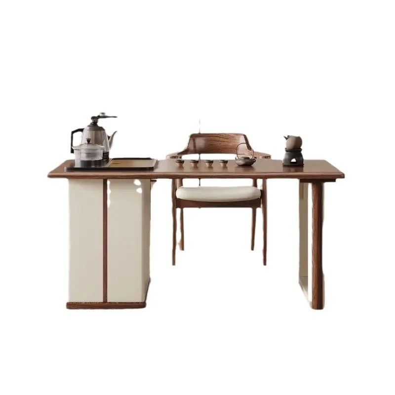 

Solid wood tea table and chair combination modern simple light luxury living room tea room ebony rectangular new Chinese style