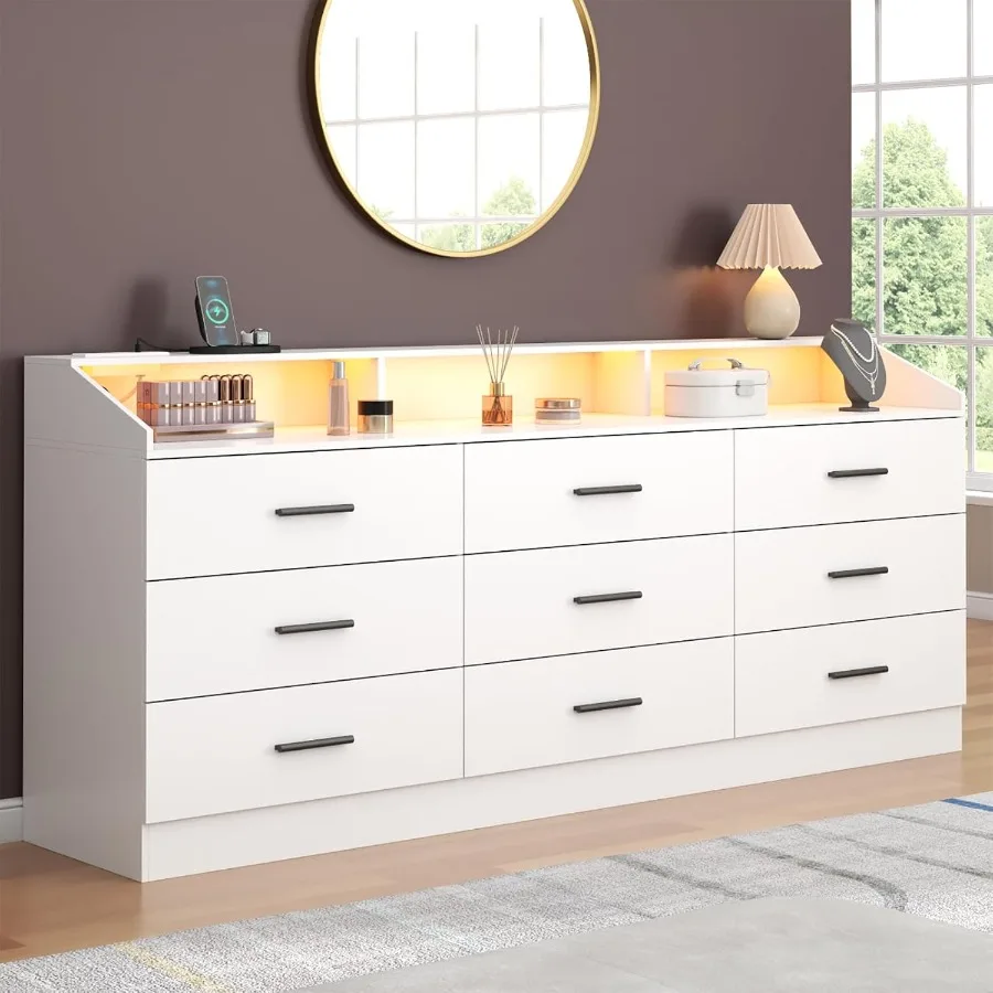 خزانة ذات 9 أدراج لغرفة النوم مع مخرج طاقة، خزانة ذات أدراج حديثة مع خزائن تخزين بإضاءة LED مع Stora مفتوحة #1