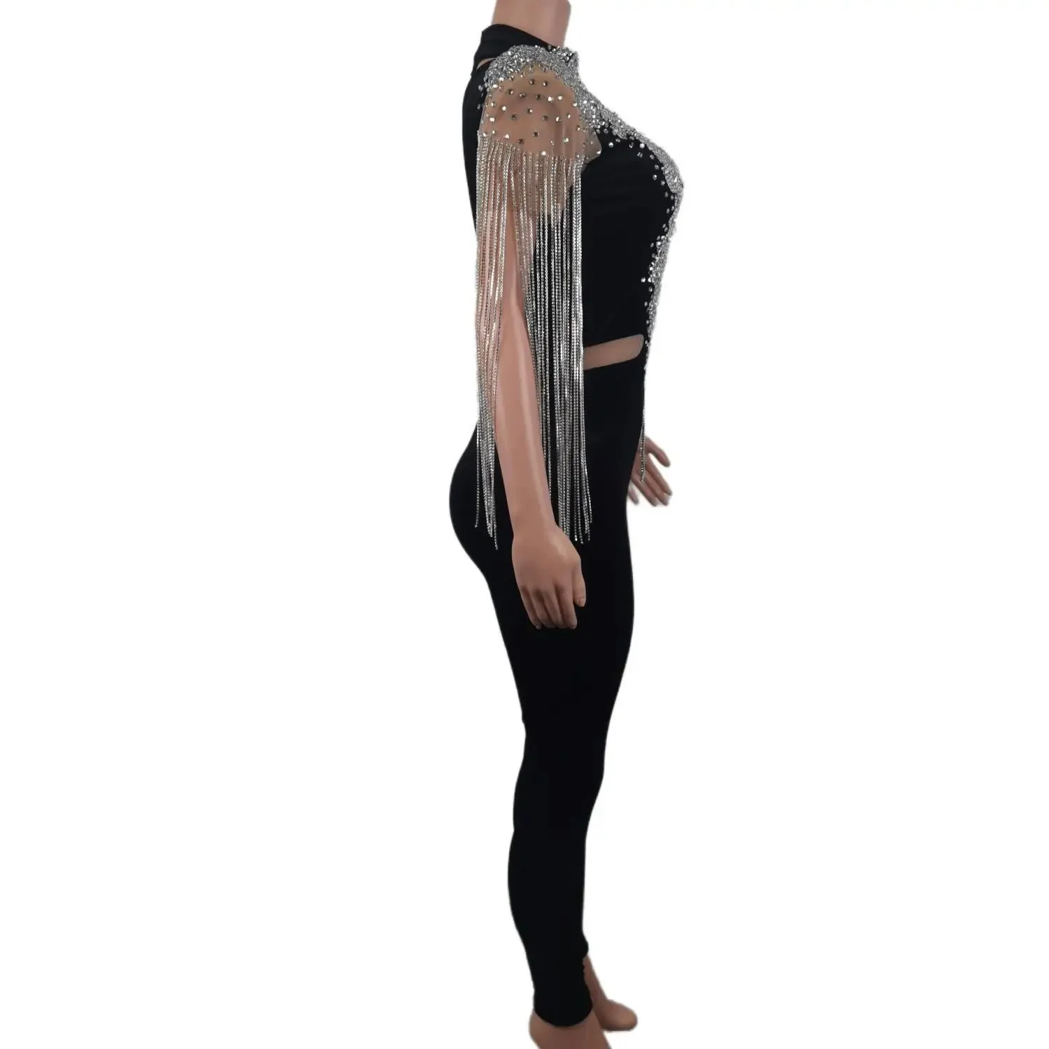 Silver Rhinestone Fringe Transparent Jumpsuit Women Black Velvet Stretch Leggings Dance Singer Costume Nightclub Party Clothing