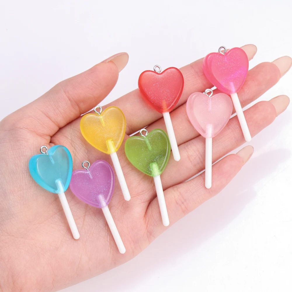 5Pcs Colorful Resin Hearts Shape Lollipop Pendant for Jewelry Making Cute 3D Simulation Food Charms Earrings DIY Jewelry Gift