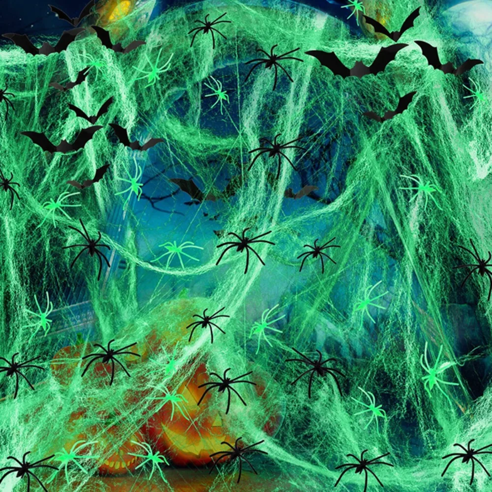 Glow in Dark Spider Web Halloween Decor Stretchy Cotton Cobweb with Fake Spiders Reusable Haunted House Party Atmosphere Decor