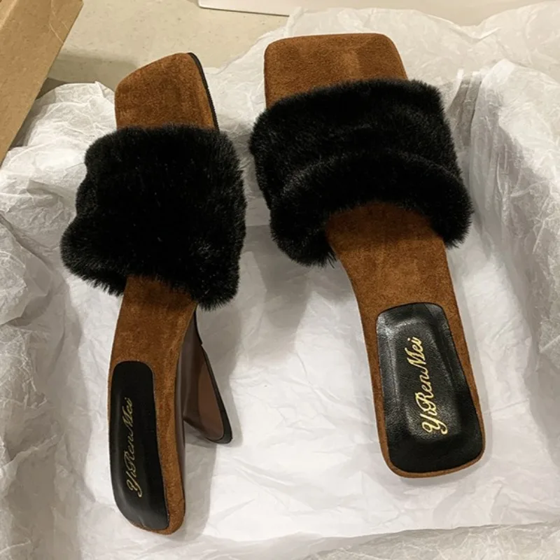 

Mid Heels Women Wedges Fur Slippers Square Toe Fashion New Shoes 2025 Autumn Designer Cozy Elegant Flip Flops Dress Party Pumps