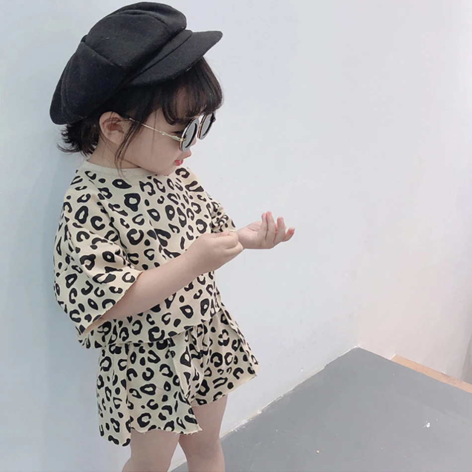 Baby Outfit Children Leopard 2 Pcs T Shirt and Shorts Kids 1-6 Years Girls Short Sleeve Fashion Suit Summer Korean Clothing Set