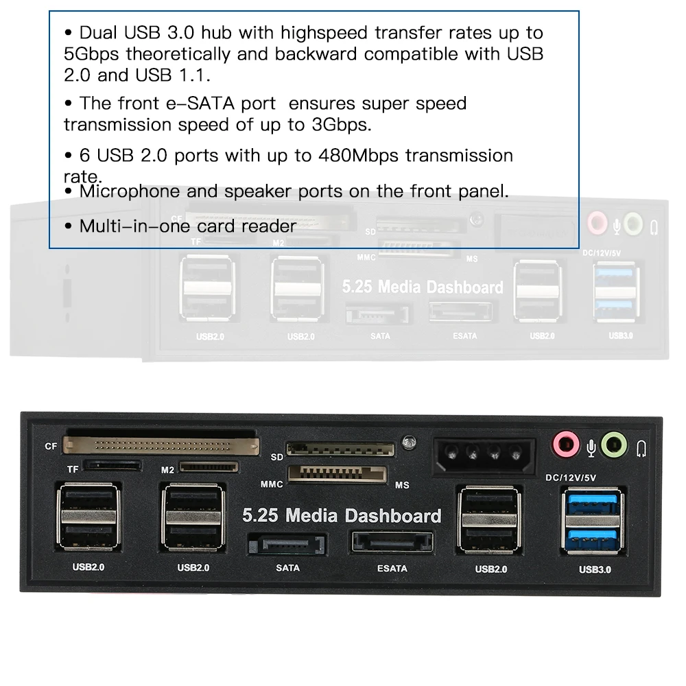 Multi-Function USB 3.0 Hub eSATA SATA Port Internal Card Reader PC Dashboard Media Front Panel Audio for SD MS CF TF M2 MMC Memo