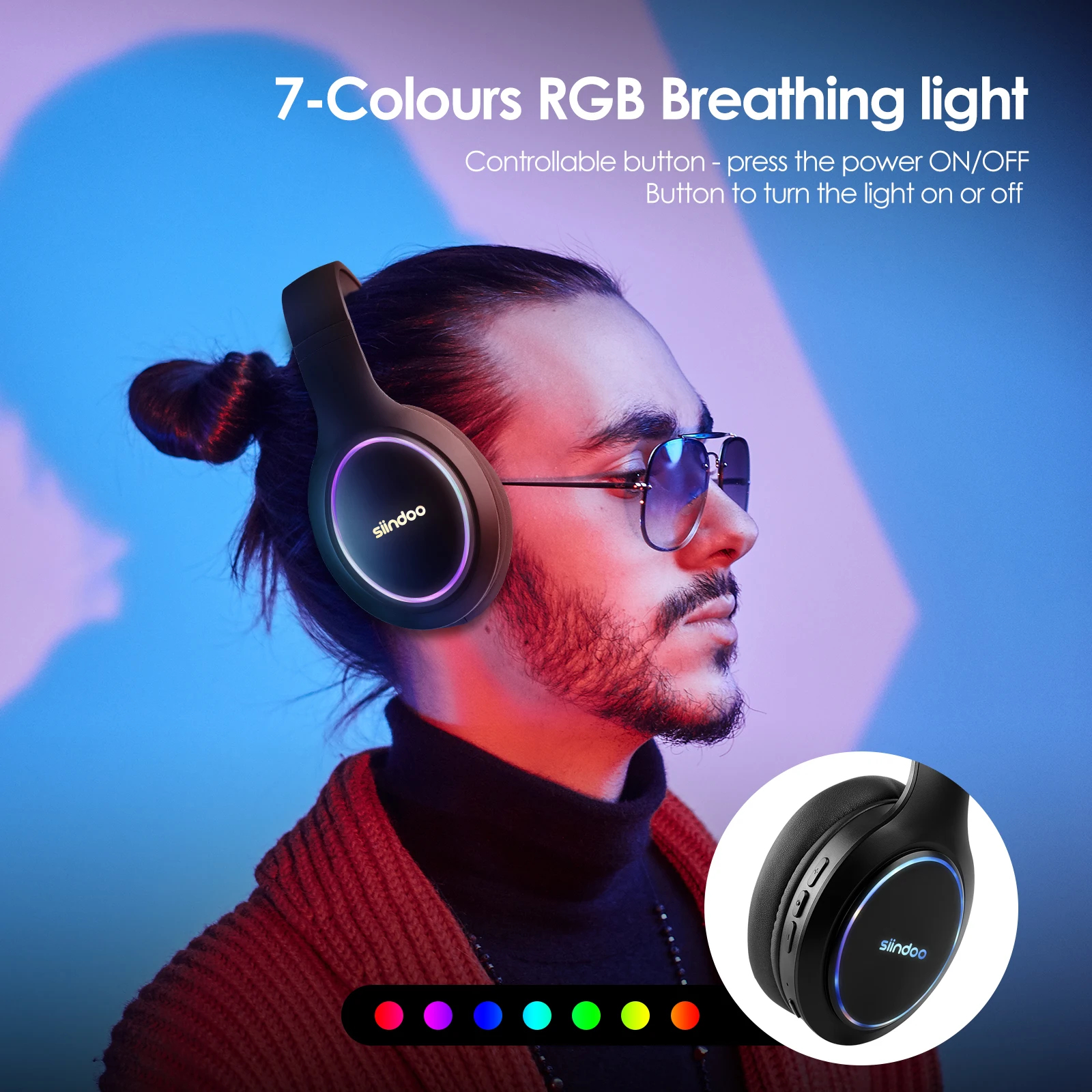 Siindoo RGB lampada cuffie Wireless JH-919C auricolari Stereo Bluetooth pieghevoli modalità audio 3EQ con microfono batteria 1000mAh