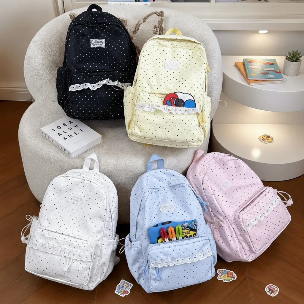 Fashion Polka Dot Travel Backpack with Lace Nylon Student Schoolbag Multi-pocket Large Capacity Laptop Daypack Cute for Women