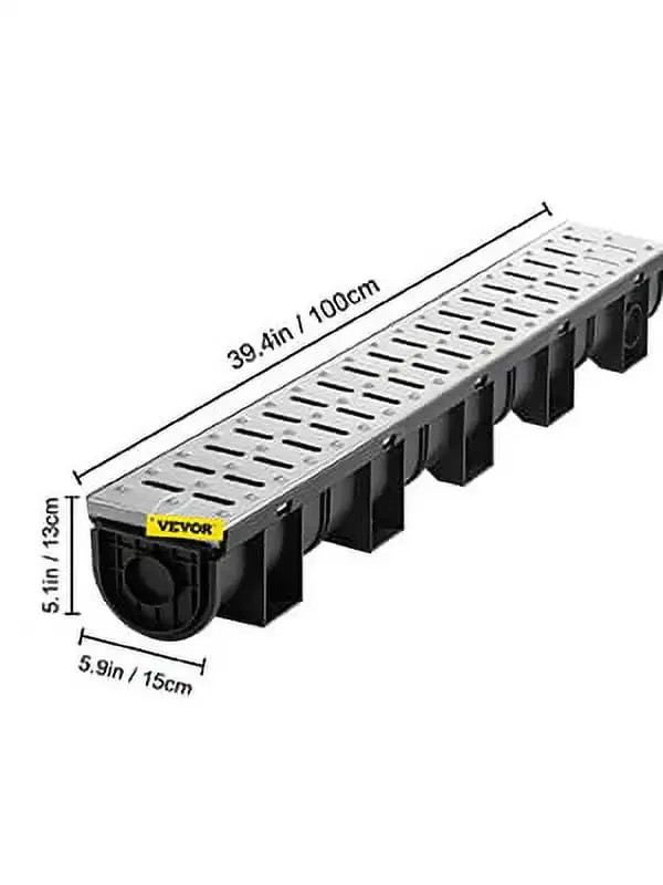 Trench Drain System, Channel Drain with Metal Grate, 5.9x5.1