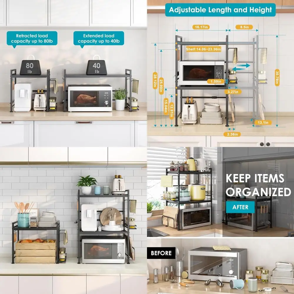 

Раздвижная подставка для микроволновой печи с крючками для хранения кухонных принадлежностей