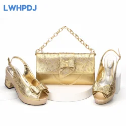 Hot Selling Gold Color Decorated with Butterfly Design Shoes Matching Bag Set For Women Wedding Party