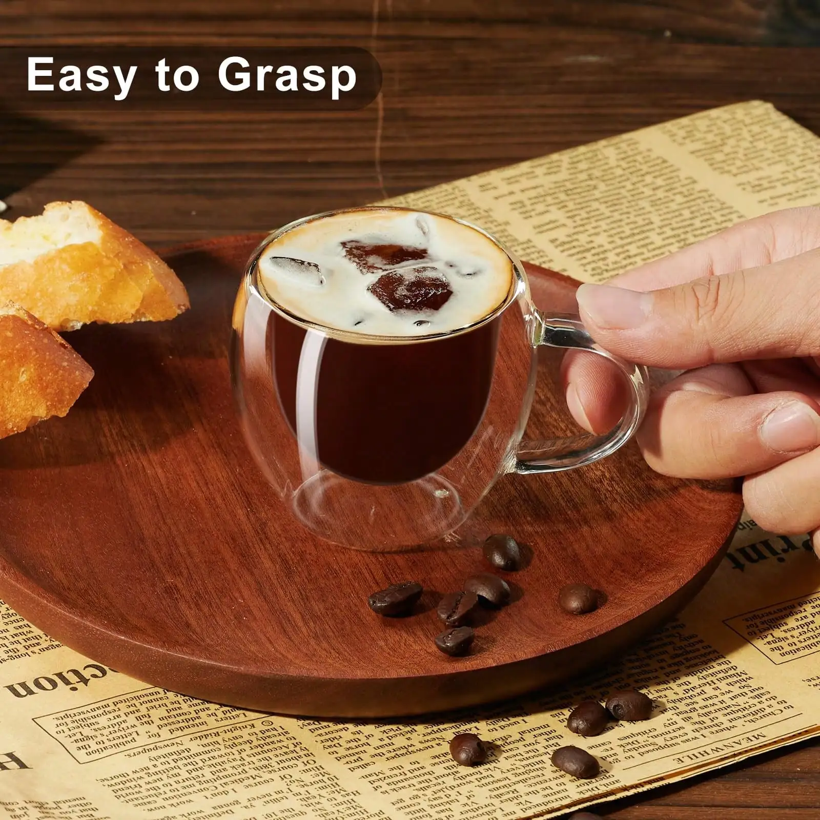 Espresso Cups with Handle, Double Wall Insulated Glass, 2.8oz, Heat Resistant, Microwave Dishwasher Safe, Graduation Gift