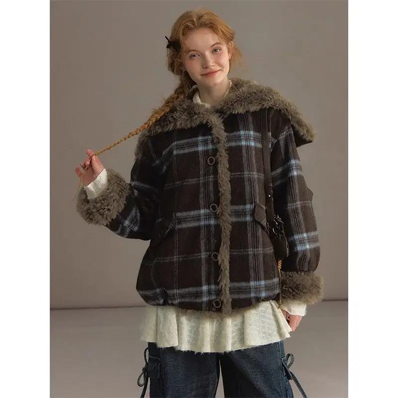 

Women's Coat winter autumn Jacket Outerwear Warm Fleece Lined Preppy Sailor Collar Plaid Hooded Fur Wool Top Vintage Warm Coat
