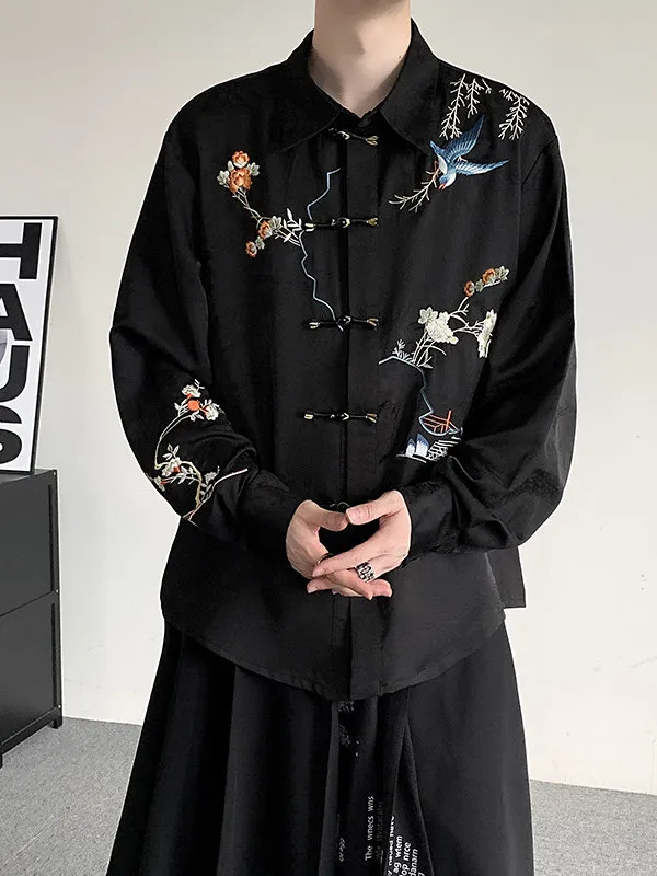 

Осенняя новинка: мужская рубашка в китайском стиле с длинным рукавом, больших размеров, свободного кроя, с вышивкой цветов и птиц, на пуговицах, универсальная, традиционная.