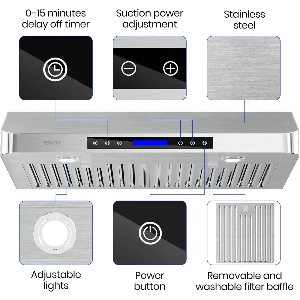 42 inches Under Cabinet Range Hood, 900 CFM Stainless Steel Chimney Vent, 4 Speed Touch Screen Control