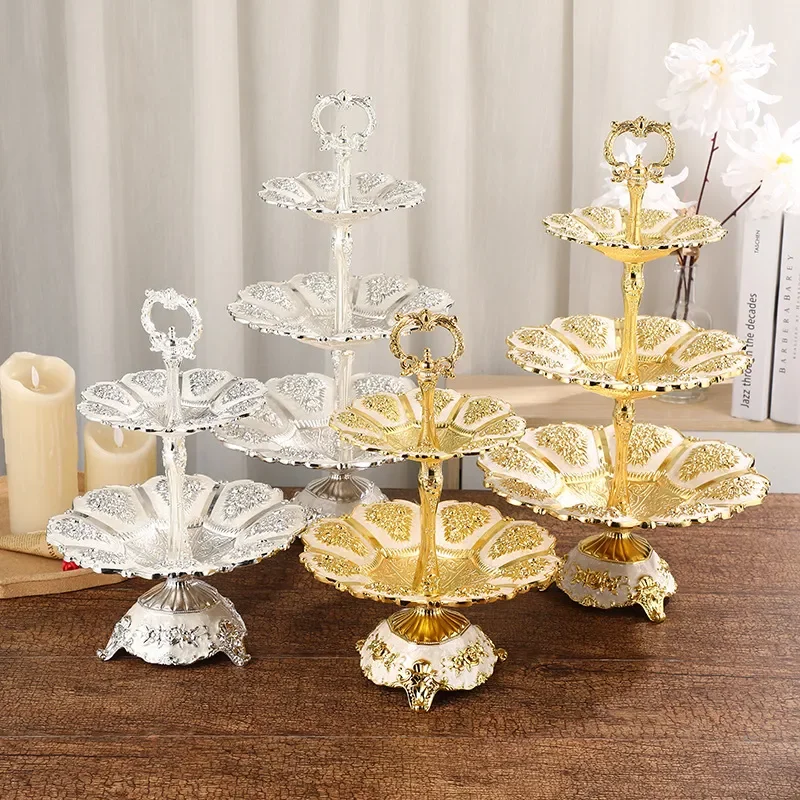 Luxury White Gold Three Tier Fruit Plate Portable European Style Desktop Decorative Snack Tray Elegant Handicraft for Home