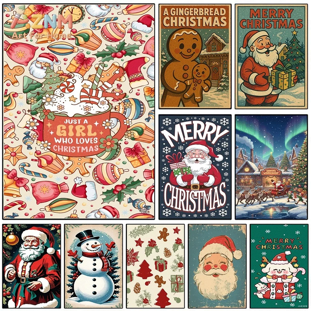 Vintage Christmas Gingerbread Man Santa Snowman Canvas Wall Art Print Poster Unframed Canvas Painting Home Living Room Bedroom