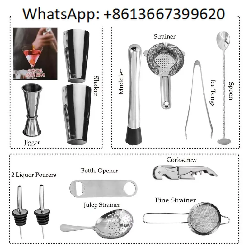 Kamo Cocktail Shaker Set 15-piece weighted Bosto-n shaker with 30/60ml piping edge for home, bar, and hotel