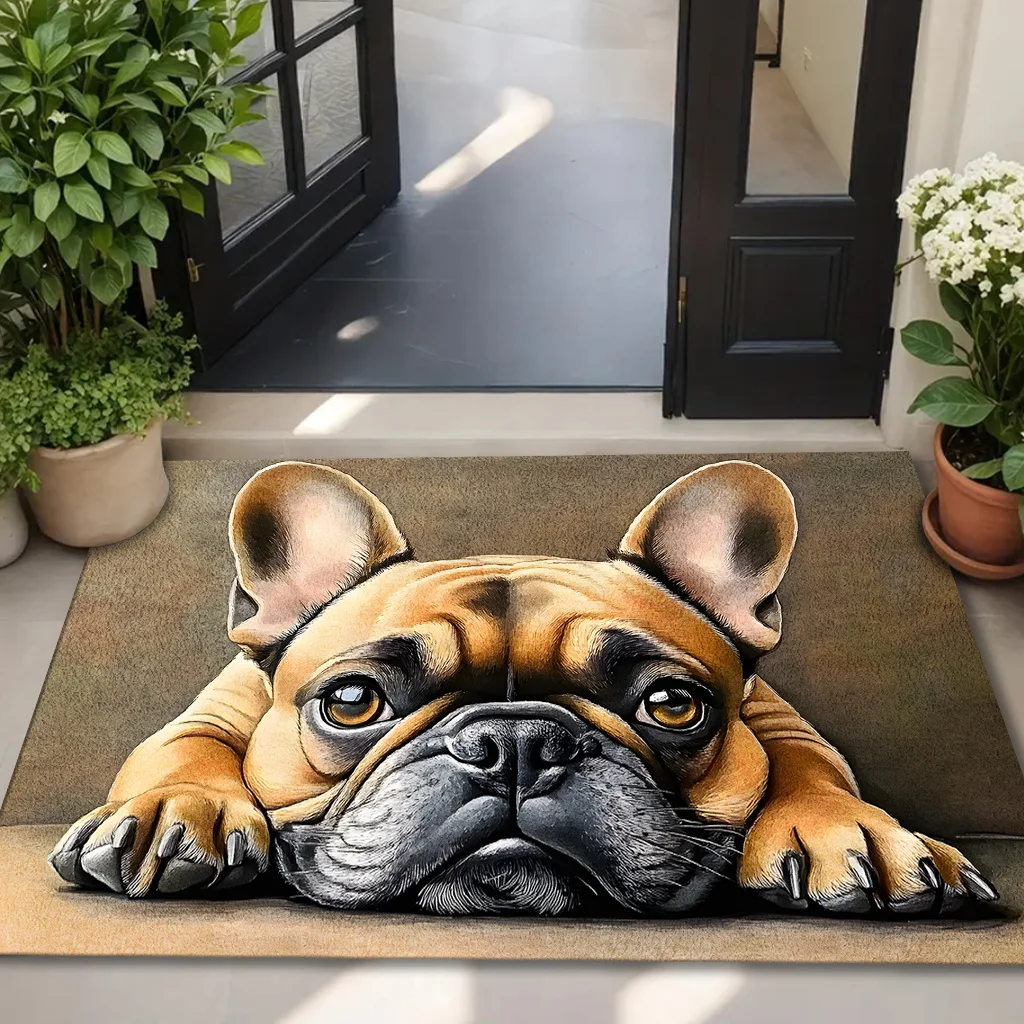 3D French Bulldog Door Mat, Cute Puppy Lying Down Floor Rug, Realistic Animal Welcome Carpet, Non-slip Entrance Decor for Home