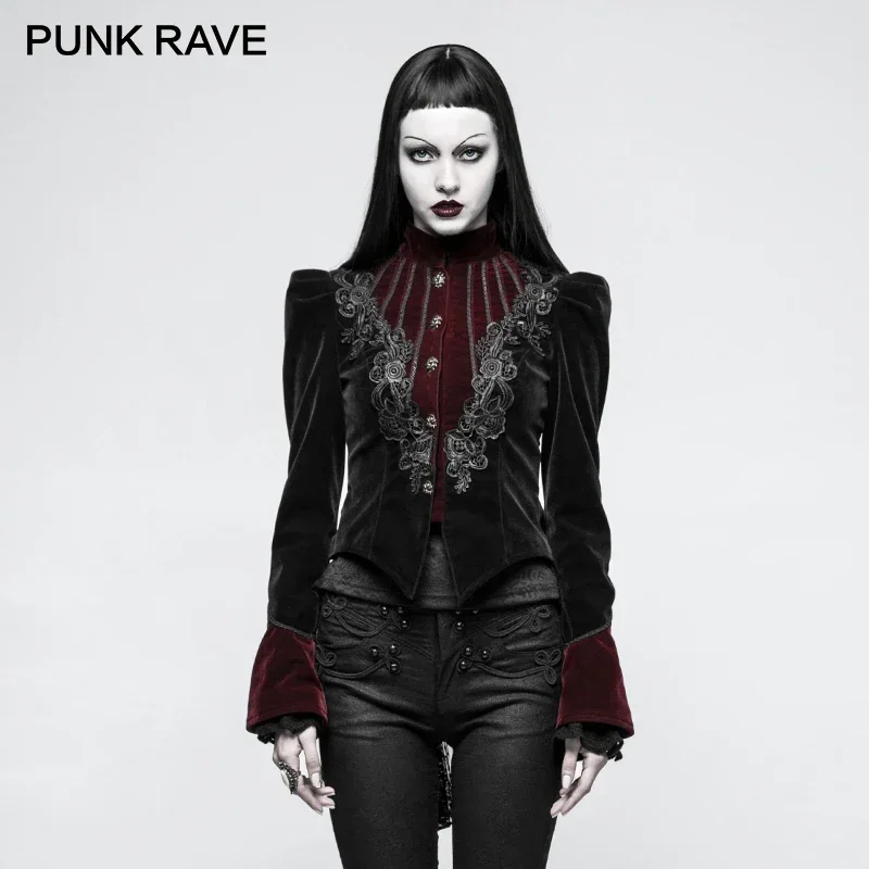 

PUNK RAVE Gothic Scissor-tail Twill Velveteen Ladies Short Jacket Pattern Embroidery Decoration Splicing Carving Buttons Coats